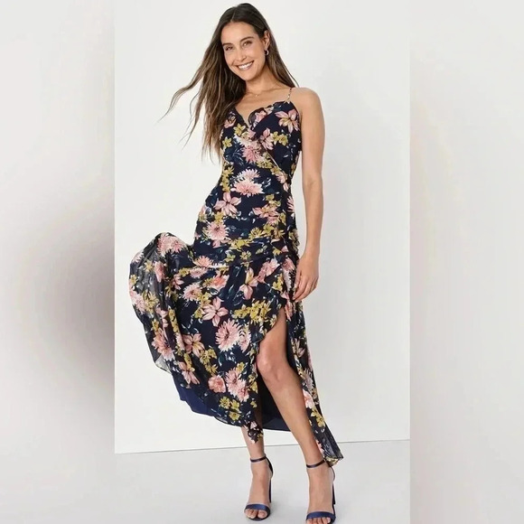 Lulus Stunning Soiree Navy Blue Floral Ruched Midi Dress - Picture 5 of 8